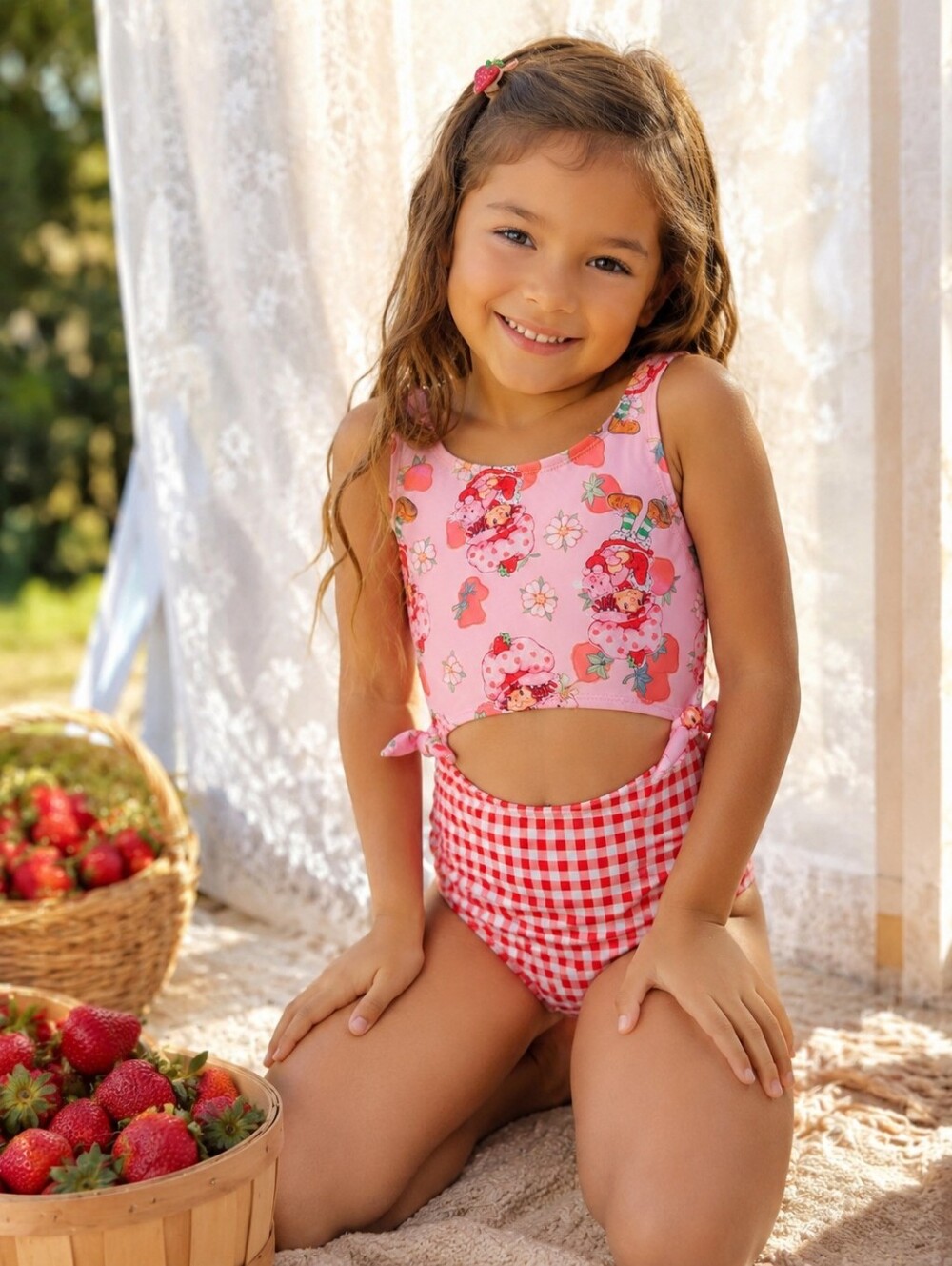 Girls Pink Strawberry Shortcake Red Gingham One-Piece Swimsuit Size 5 With UPF50